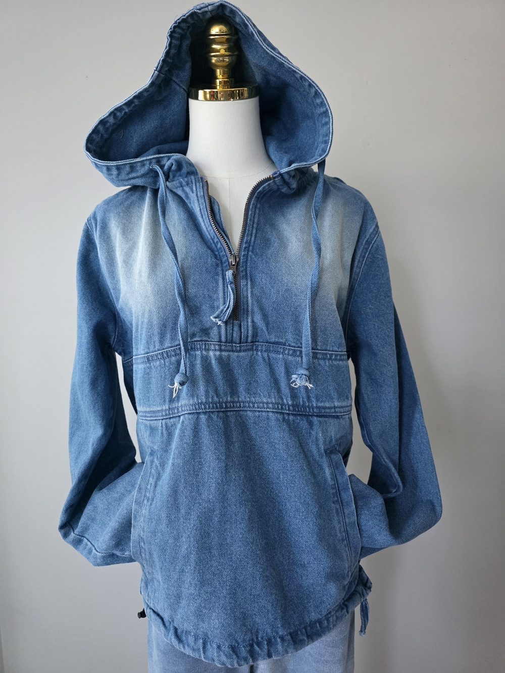 Relaxed Blue Denim Half-Zip Hoodie Jacket